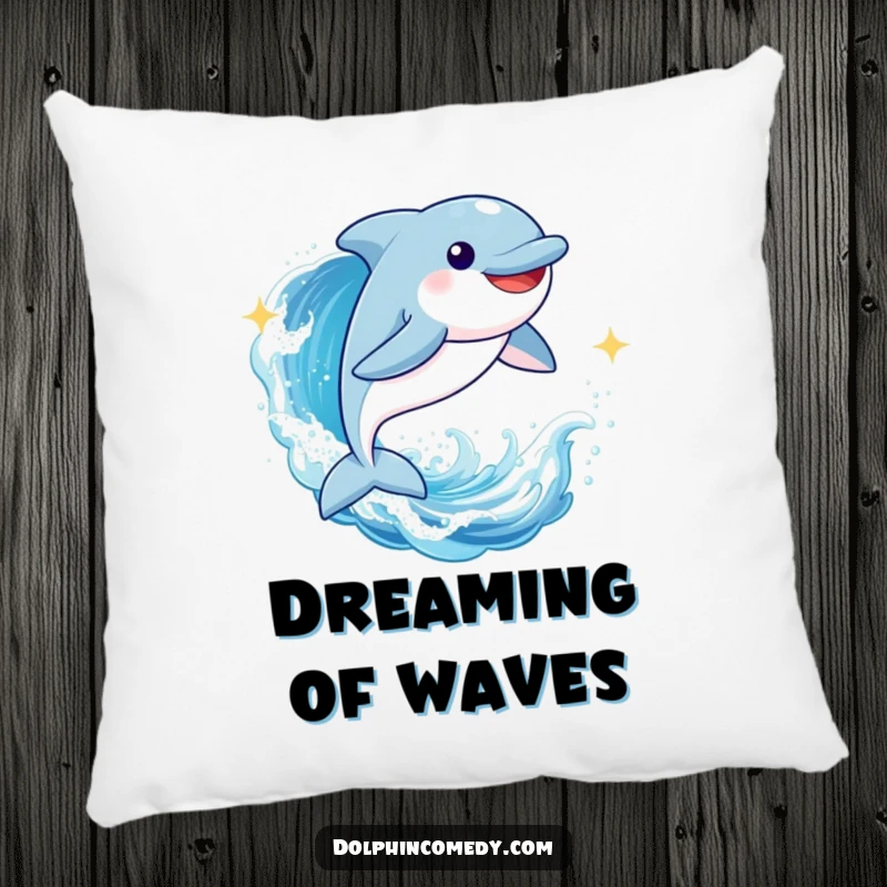 Funny Dolphin Pillow: A joyful cartoon dolphin leaping through a sparkling wave, a soft and humorous decorative accent.