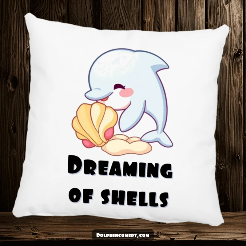 Funny pillow featuring a dolphin nudging a seashell, perfect for adding a touch of cute, playful ocean decor.