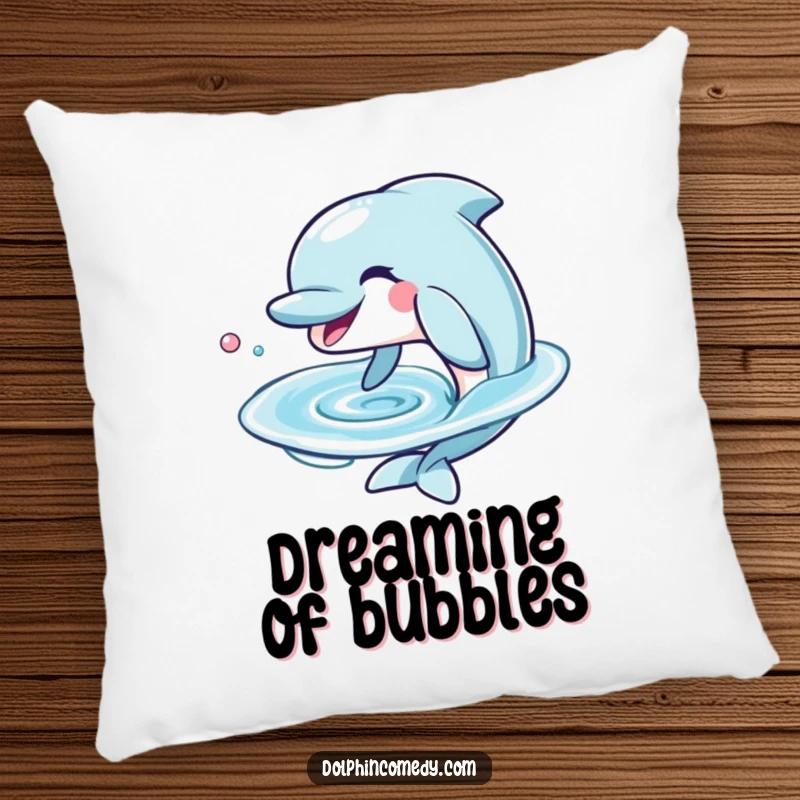 Funny Dolphin Pillow with a happy, grinning dolphin blowing a perfect water ring, offering comfort and oceanic humor.