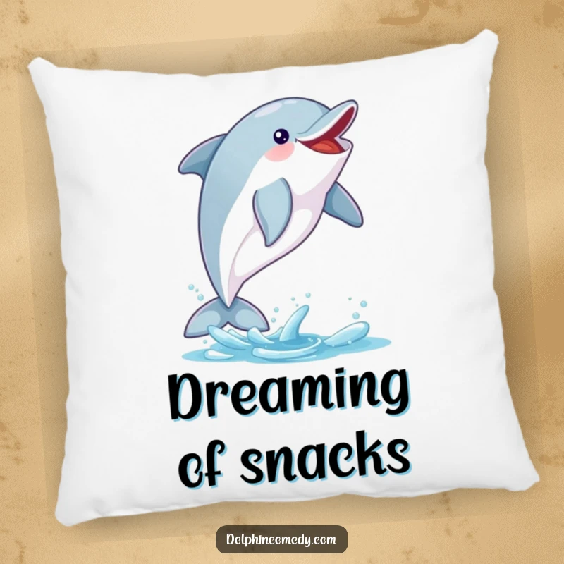 Funny Dolphin Throw Pillow: An excited dolphin mid-air with a fish, a lively and funny gift for comfort.