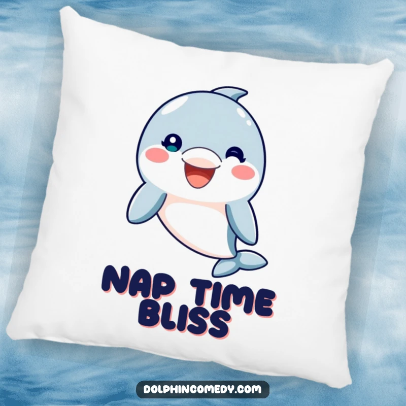 Funny Decorative Pillow with a friendly dolphin character and a wide, welcoming smile, offering comfort and a touch of humor, a cute funny gift.