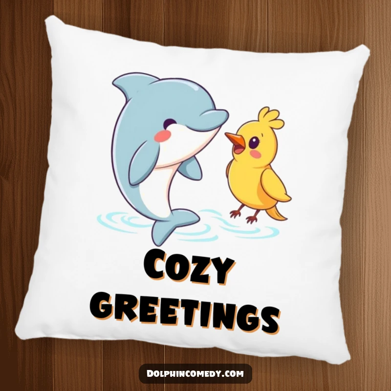 Funny Dolphin Pillow: A soft cushion with a dolphin warmly greeting a bird, bringing cozy ocean and sky friendship.