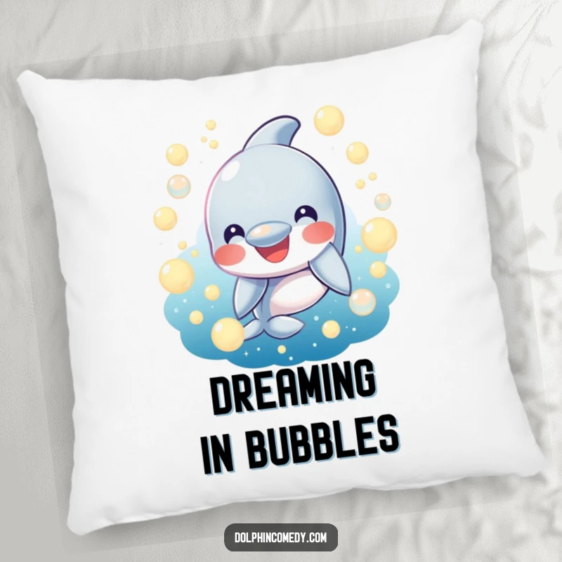 Funny Pillow: A smiling dolphin surrounded by glowing bubbles. Soft and humorous decor for a happy atmosphere.