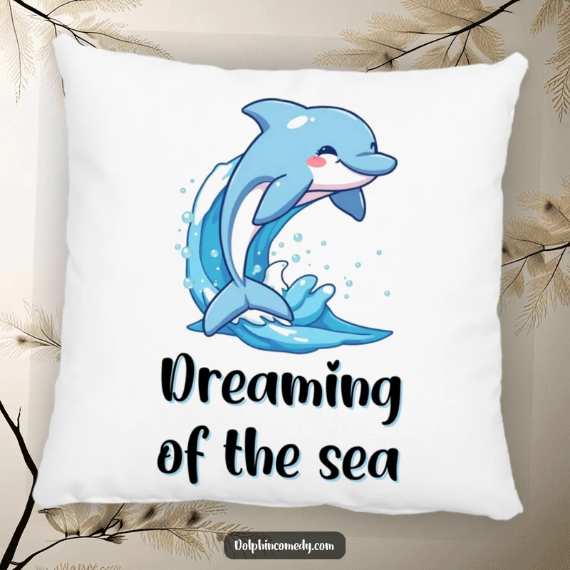 Funny dolphin with a joyful expression jumping from a sparkling wave, a soft and humorous pillow for comfort.