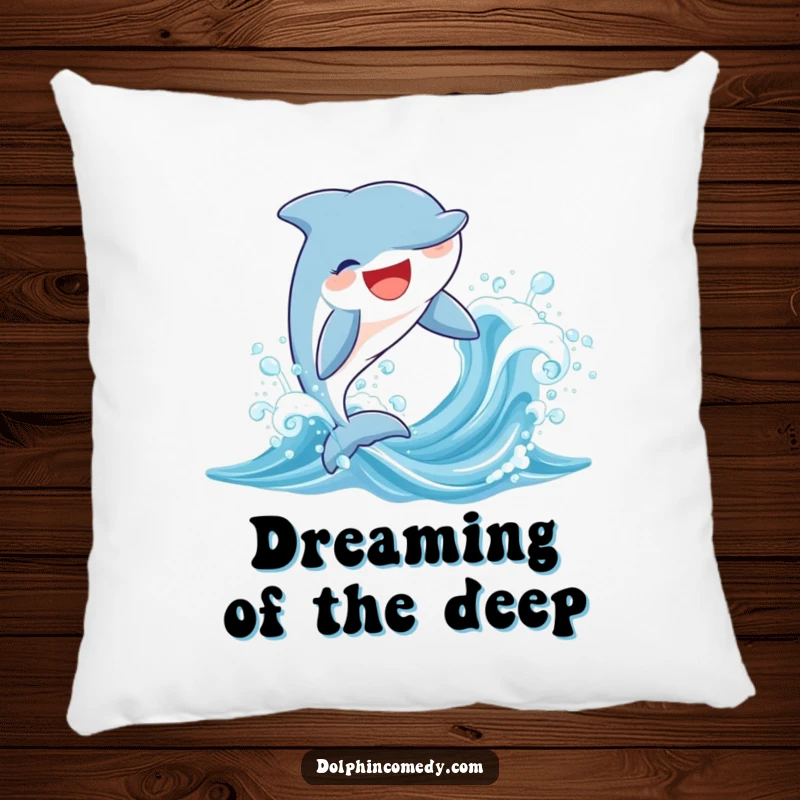 Funny decorative pillow with a joyful dolphin mid-leap from a sparkling wave, offering comfort and aquatic humor.