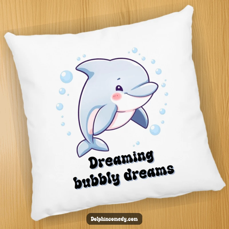 Funny plush pillow featuring a mischievous dolphin swimming in a bubbly circle, perfect for adding cozy humor.