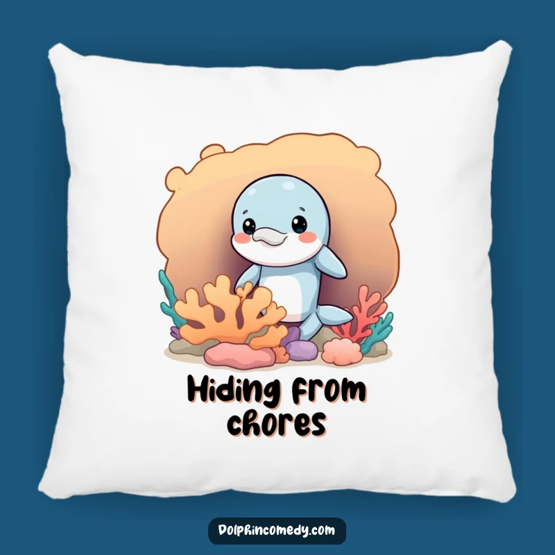 Funny Mischievous Dolphin Pillow, Peeking Comfort, Coral Accent, Cozy Humor