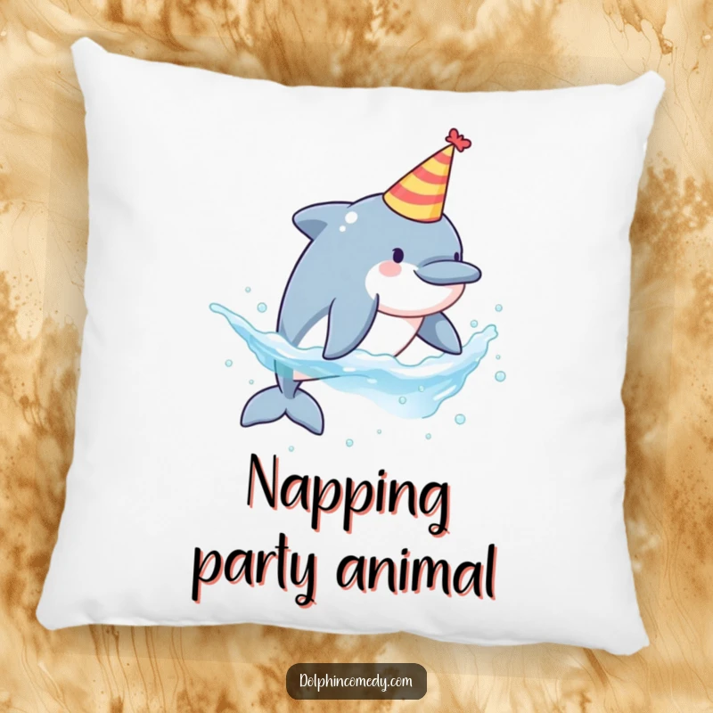Funny decorative pillow featuring a dolphin wearing a party hat and splashing water, perfect for adding cheer.