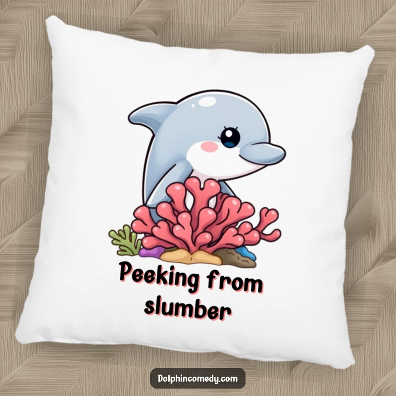 Funny soft decorative pillow featuring a curious dolphin peeking from behind coral, perfect for adding charm.