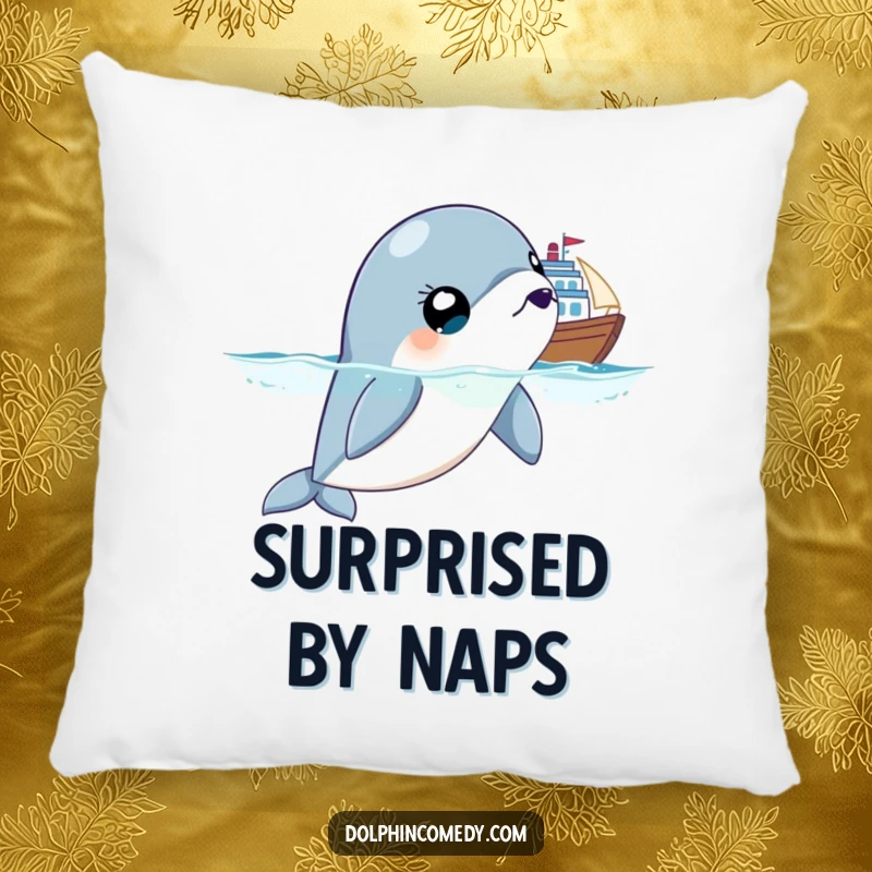 Funny pillow showcasing a surprised dolphin with very wide eyes, looking off-frame, perfect for humorous and comfortable home accent.