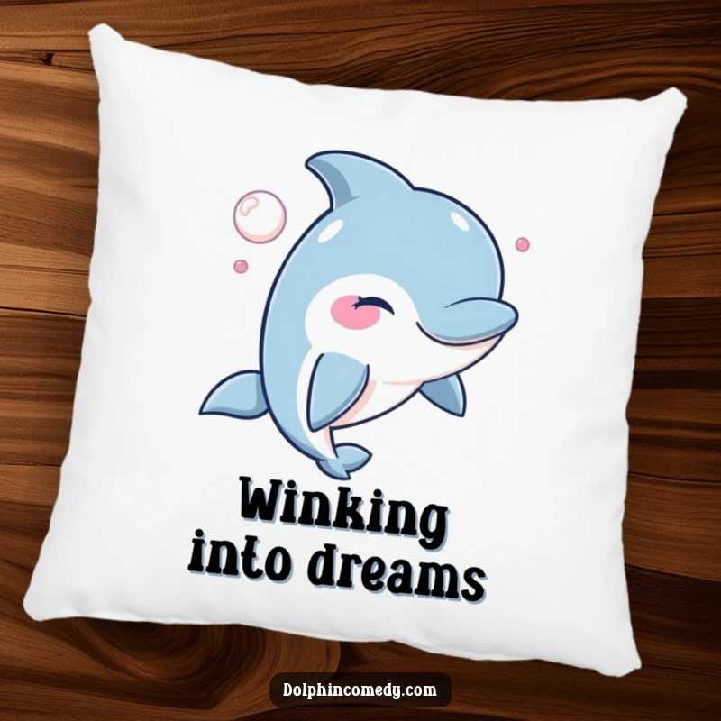 Winking Dolphin Pillow featuring a dolphin with a mischievous wink and a bubble, offering comfort and humor.