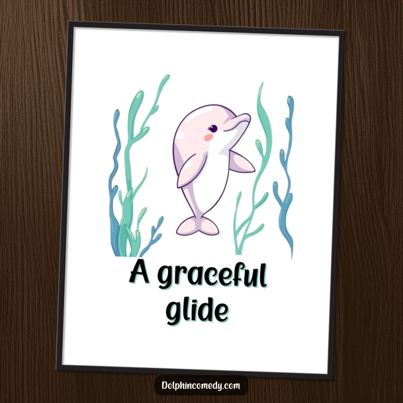 Funny Dolphin Digital Art Print: A dolphin with extended fins dancing through kelp, a serene and humorous artwork.