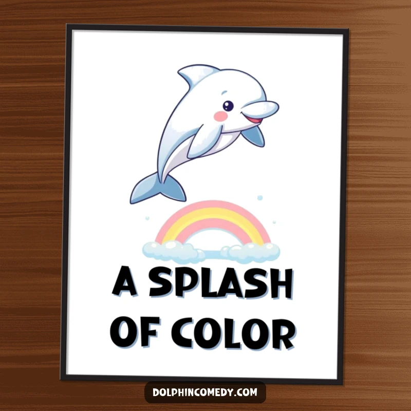 Funny Dolphin Digital Art Print: A playful dolphin leaping over a vibrant rainbow, a dynamic and joyful piece of art.