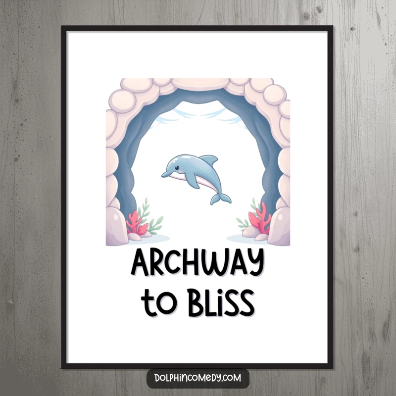 Funny Dolphin Digital Art Print of a sleek dolphin swimming through an underwater archway, instant humorous decor.