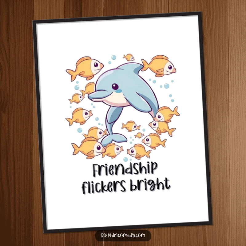 Funny digital art print of a dolphin interacting playfully with a school of fish, perfect for vibrant and fun wall decor.