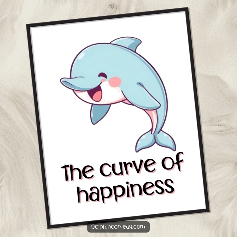 Funny digital art print of a cheerful dolphin swimming in a graceful arc, offering downloadable elegance and serene oceanic charm.