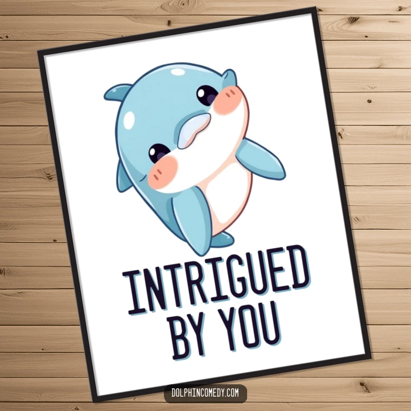 Funny Digital Art Print of a curious dolphin character bobbing its head, engaging the viewer, perfect for instant download and wall decor, a creative funny gift.