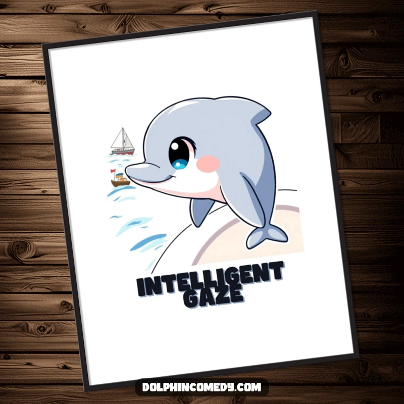 Funny digital art print of a dolphin with large, intelligent eyes, curiously watching a boat on the water, creating thoughtful decor.