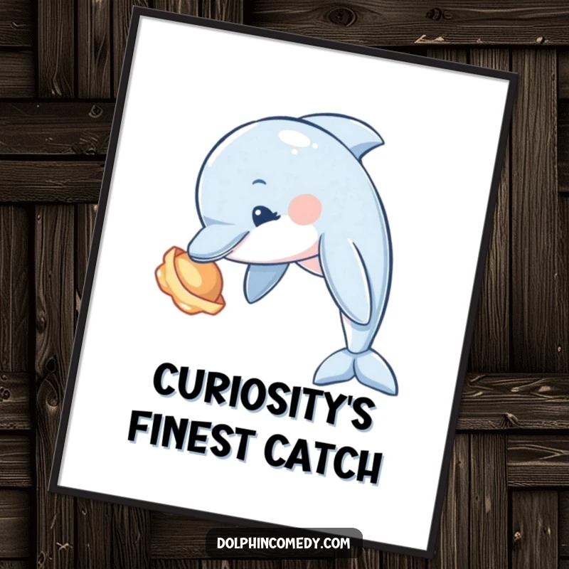 Funny Dolphin Digital Art Print of a curious dolphin examining a shiny seashell, perfect for instant oceanic decor.