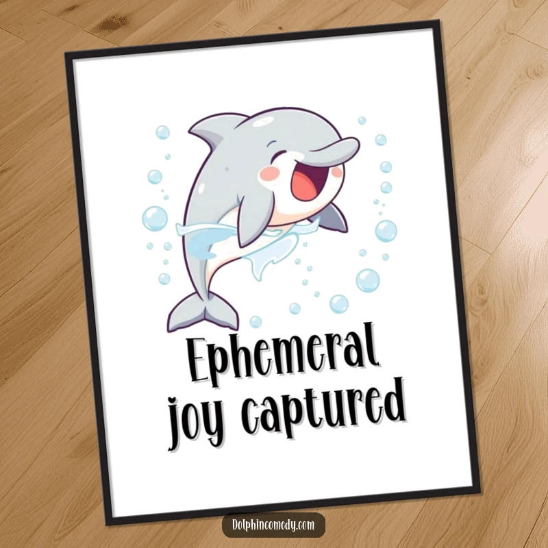 Funny digital art print of a delighted dolphin joyfully chasing bubbles, offering downloadable fun and vibrant oceanic energy.