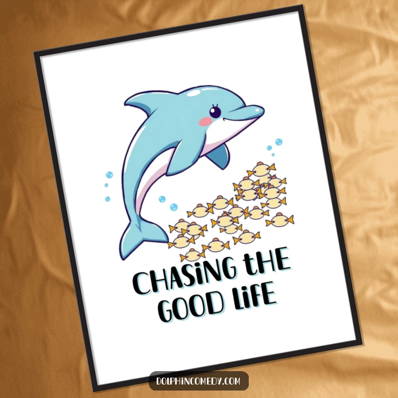 Funny Digital Art: A dolphin playfully chases fish, captured in a humorous and energetic print for instant download.