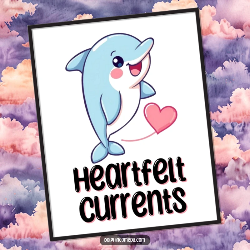Funny cheerful dolphin with a heart shape trailing behind it, available as a digital art print for romantic wall decor.