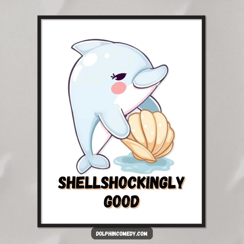 Funny dolphin digital art print of a cute dolphin nudging a seashell, capturing a moment of playful ocean interaction for instant download.