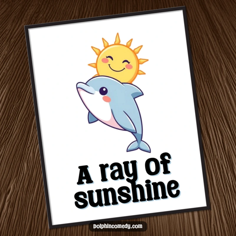 Funny digital art print of a curious dolphin looking up at a stylized, smiling sun, radiating joy and warmth.