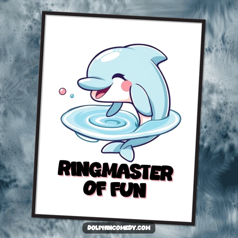 Funny Dolphin Digital Art Print of a grinning dolphin blowing a perfect water ring, ideal for instant humorous home decor.