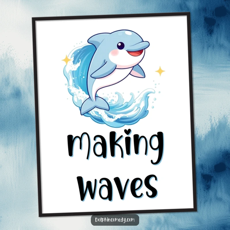 Funny Dolphin Digital Art: A joyful cartoon dolphin energetically leaping through a sparkling ocean wave, lively and humorous wall art.