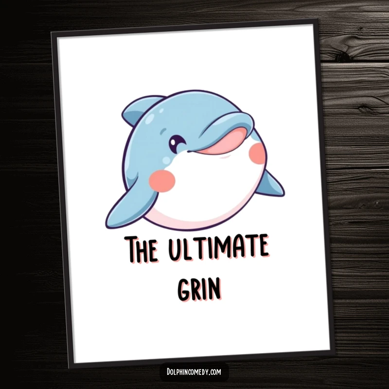 Funny digital art print of a happy dolphin with a wide, infectious smile, radiating pure joy and oceanic cheer.