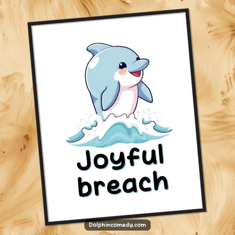 Funny digital art print of a dolphin with an ecstatic expression breaching high out of the water, symbolizing pure joy.