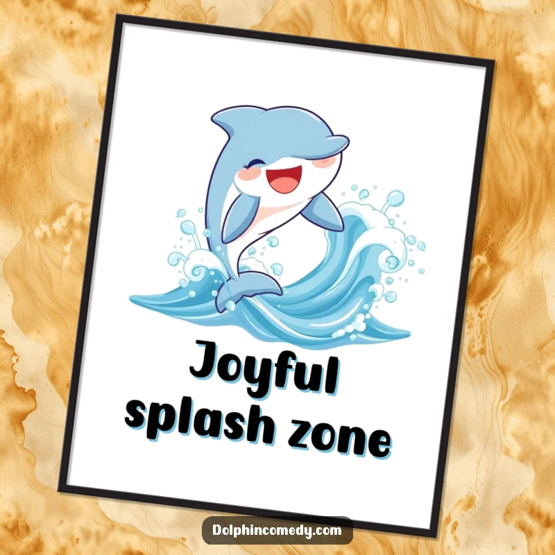 Funny digital art print of a smiling dolphin leaping from a sparkling wave, perfect for immediate home decor.