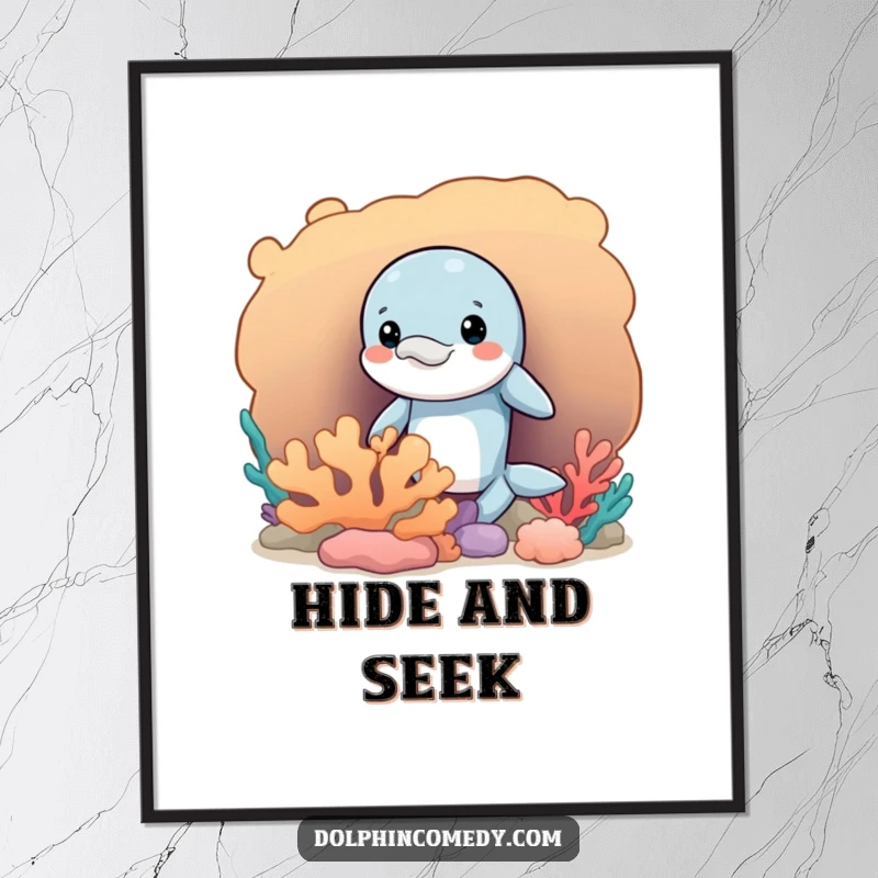 Funny digital art print of a mischievous dolphin peeking out from behind a coral formation, conveying playful humor.