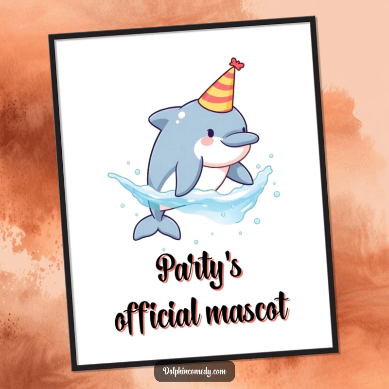 Funny downloadable art print of a dolphin wearing a party hat, splashing water joyfully, ideal for digital frames.