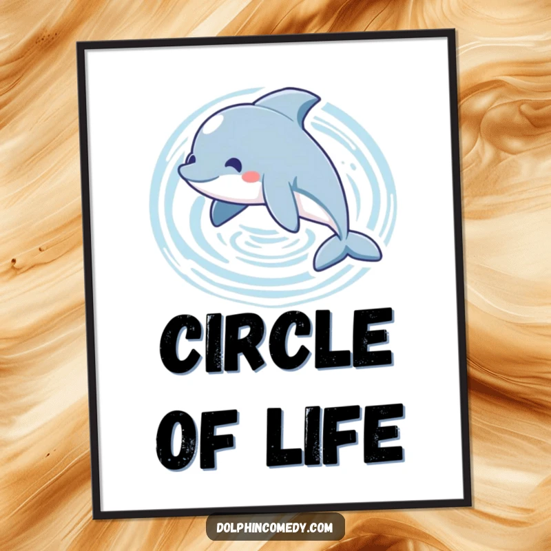 Funny playful dolphin digital art print of a dolphin gracefully swimming in a circle, creating concentric ripples.