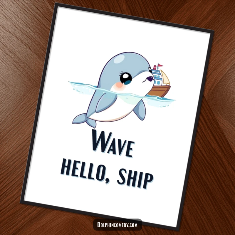 Funny digital art print of a surprised dolphin with wide, expressive eyes, capturing a comical moment of oceanic wonder.