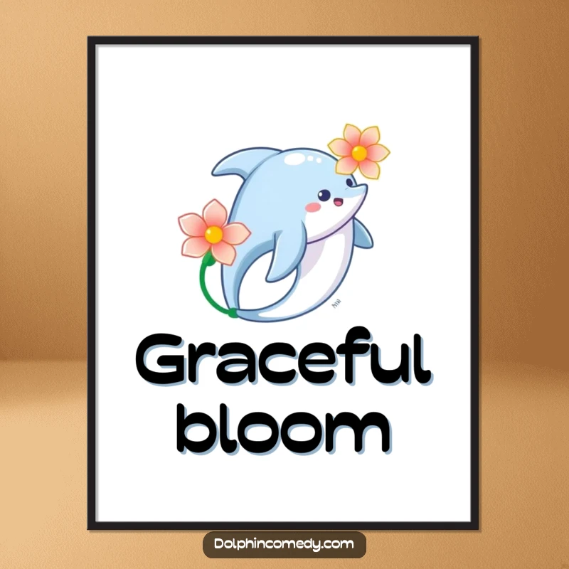 Dolphin Flower Digital Art Print of a dolphin swimming gracefully with a flower, perfect for serene wall decor.