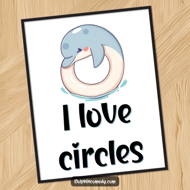 Funny Digital Art: A humorous and charming illustration of a dolphin playing with a floating ring, ready for instant download.