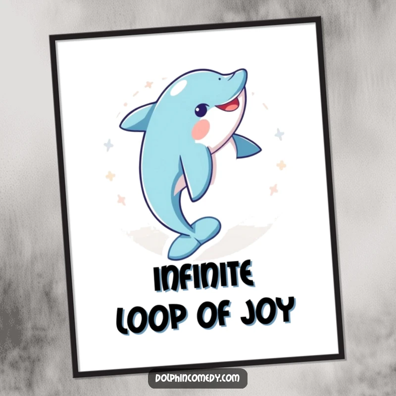 Funny digital art print featuring a dolphin in a joyful spin, offering instant downloadable humor and vibrant oceanic charm.