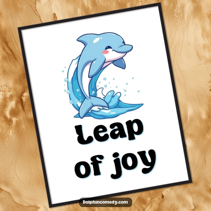 Funny dolphin with a wide smile leaping dynamically from a sparkling blue wave, a high-resolution digital art print for vibrant decor.