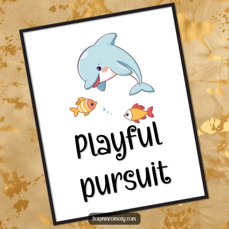 Funny Dolphin Digital Art Print of a dolphin playfully chasing a small fish, a dynamic and humorous piece.