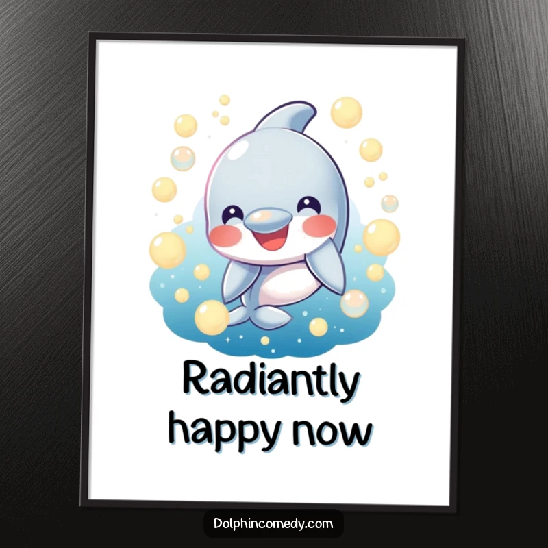 Funny Digital Art Print: A smiling dolphin surrounded by glowing bubbles. Instant downloadable ocean art for a happy vibe.