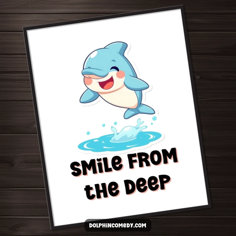 Funny Dolphin Digital Art Print of a joyful dolphin leaping from water with a big smile.