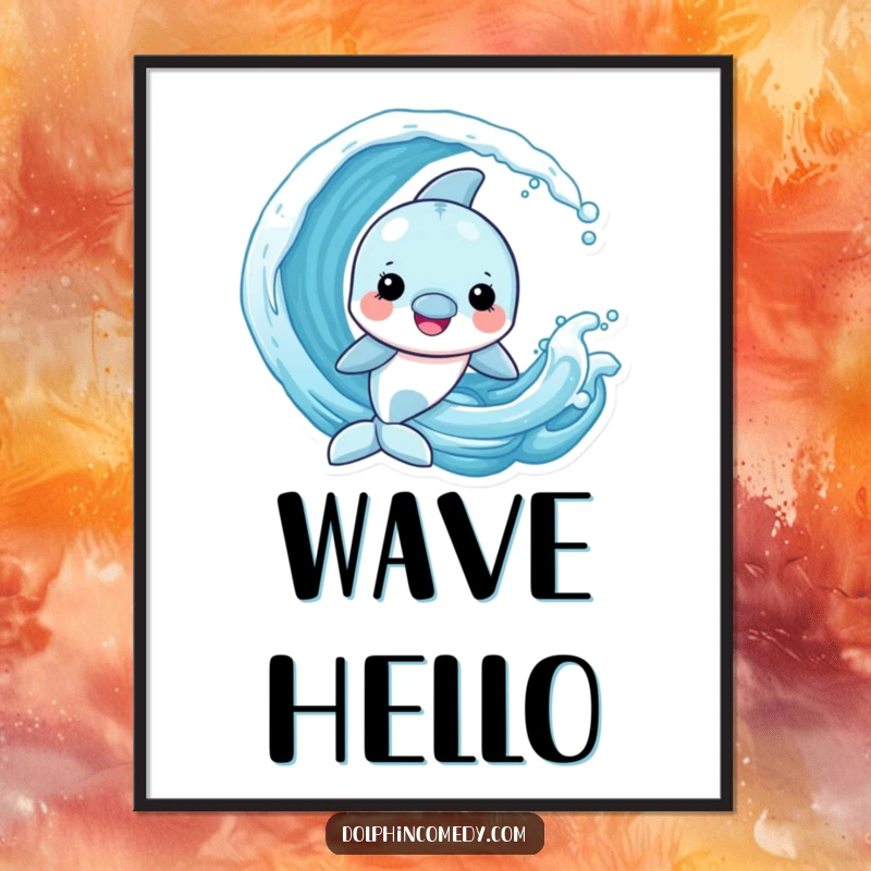 Funny Dolphin Digital Art Print of a cheerful dolphin playing with a dynamic ocean wave, capturing aquatic happiness.