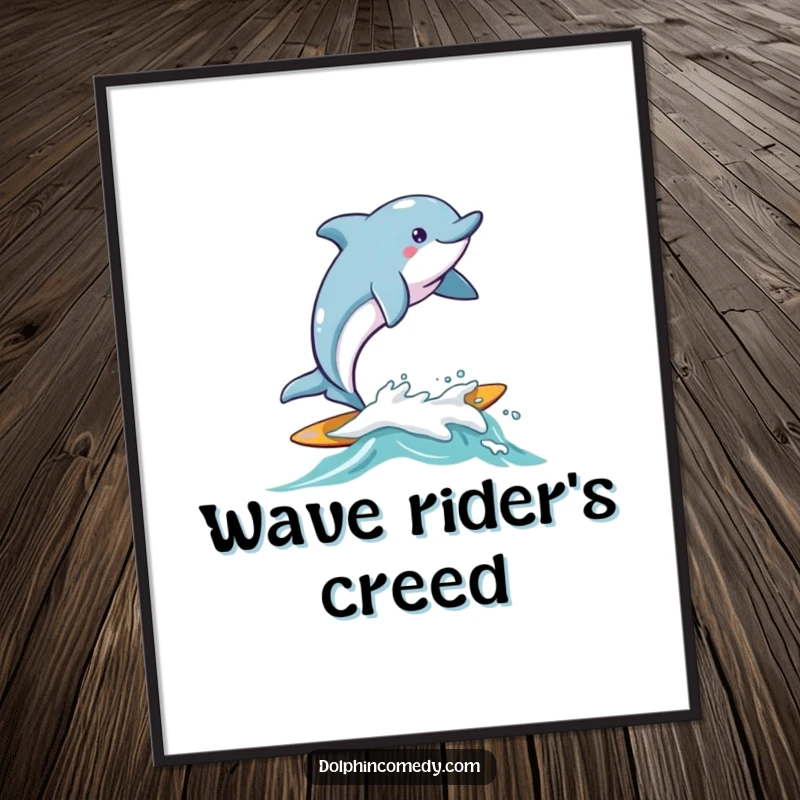 Funny Dolphin Digital Art Print of a dolphin joyfully surfing on a small, friendly wave, perfect for instant beach decor.