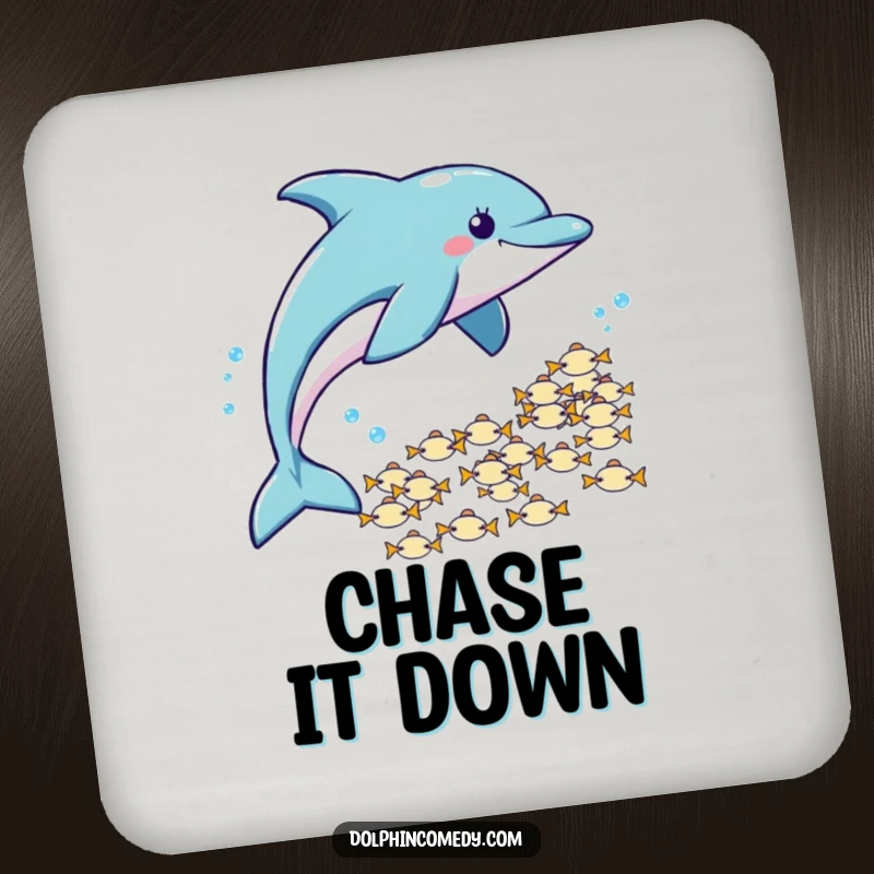 Funny Coaster: A dolphin playfully chases fish, offering humorous protection for your surfaces.