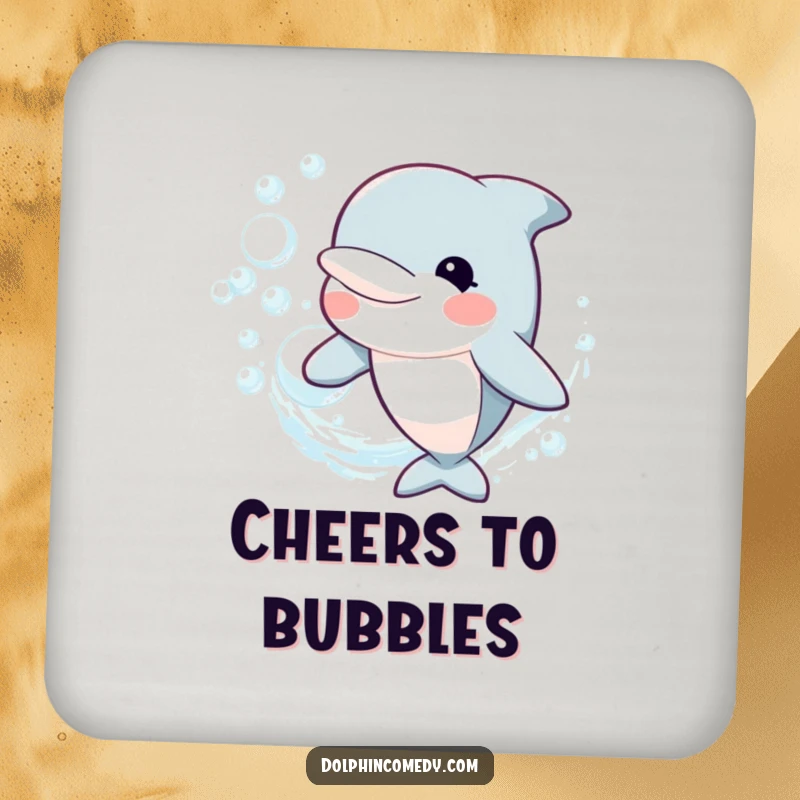 Funny Drink Coaster with a happy dolphin blowing a ring of bubbles, protecting surfaces with style, a charming funny gift.