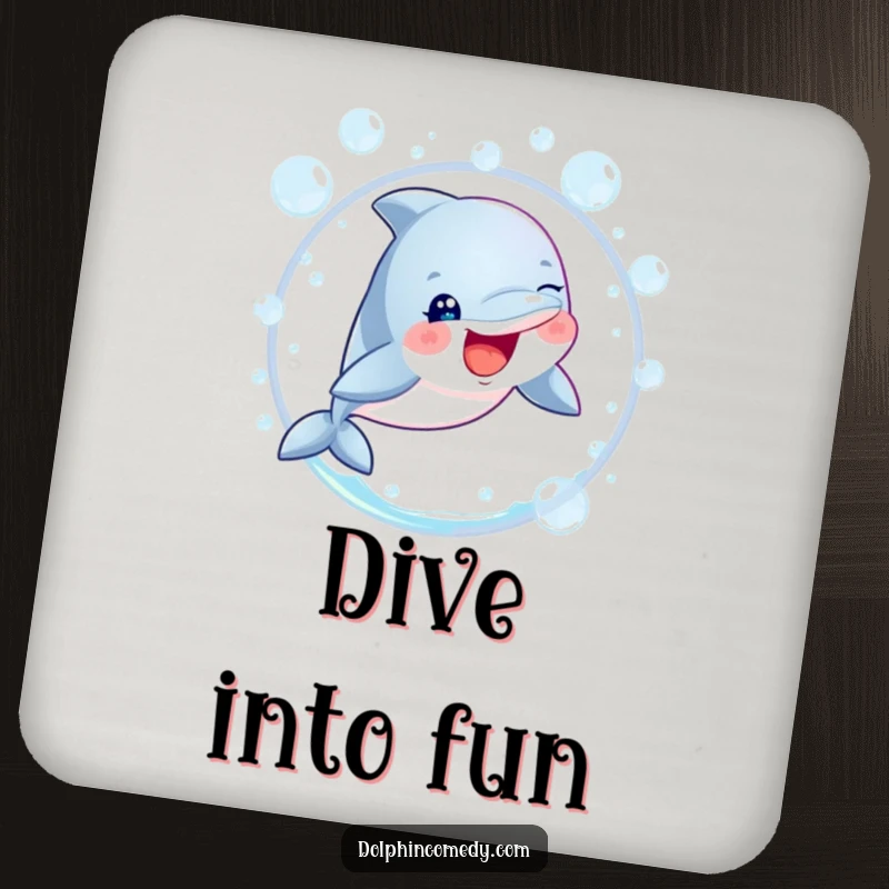 Funny dolphin with sparkling eyes leaping through bubbles on drink coasters, adding a humorous and protective touch.