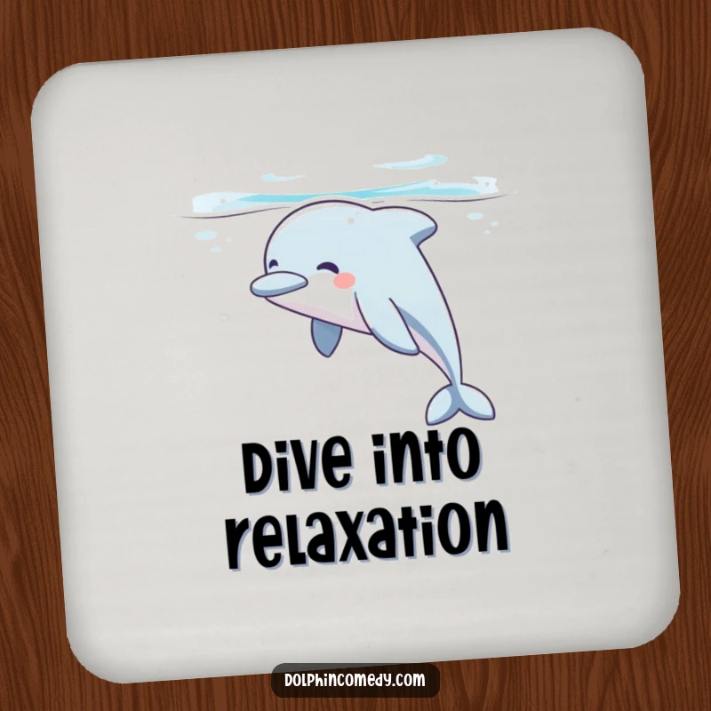 Funny dolphin coaster with a contented dolphin sighing peacefully while gliding underwater, offering practical protection with humorous charm.